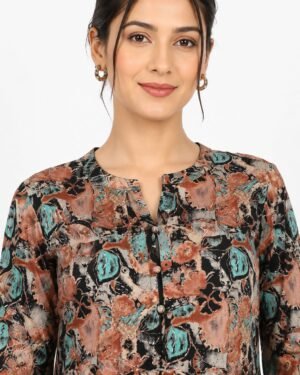 Ebunic Floral Kurta Pant Set for Women in Brown Rayon – Front View